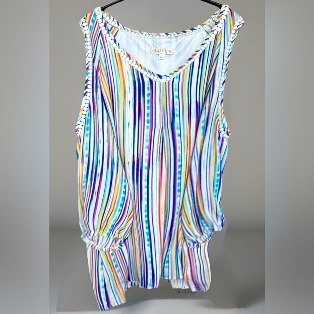 Hailey Lyn Long Sleeve Cold Shoulder Lined Pullover Blouse Multicolor Stripe XL